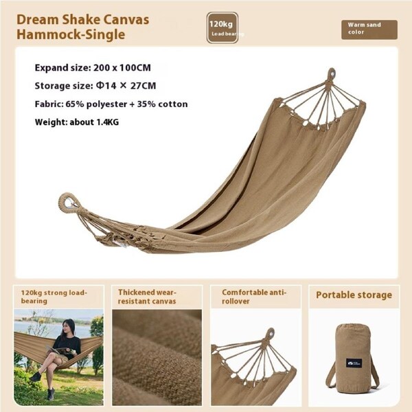 Mobi Garden MengYao Single Canvas Hammock – Heavy-Duty & Portable for Camping, Picnics, and Outdoor Relaxation - KHAKI