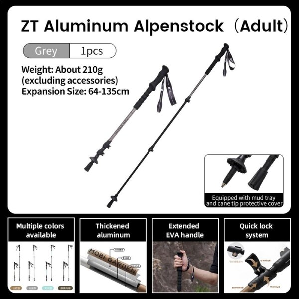 Mobi Garden Expedition Trekking Poles - Ultra-Light Aluminum Telescopic Hiking Sticks - GREY