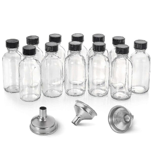 12, 2 Oz Small Clear Glass Bottles (60ml) With Lids & 3 Stainless Steel Funnels - Boston Round Sample Bottles - Mini Travel Bottles, No Leakage