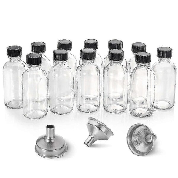 12, 2 Oz Small Clear Glass Bottles (60ml) With Lids & 3 Stainless Steel Funnels - Boston Round Sample Bottles - Mini Travel Bottles, No Leakage
