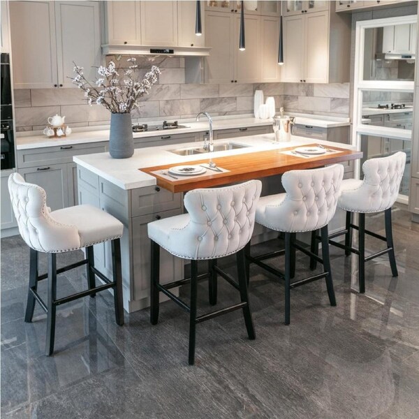 Velvet Upholstered Button Tufted Bar Stools with Wood Legs - Beige, Set of 4