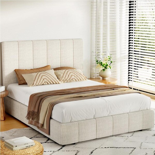 Tette Bed Frame - Gas Lift Storage, Queen, Beige Linen Upholstery