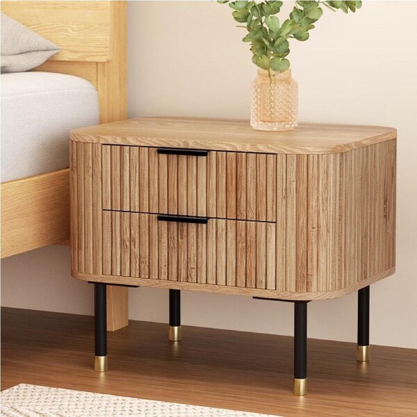 Bedside Table - 2 Drawers, Paulownia Wood Pine Finish