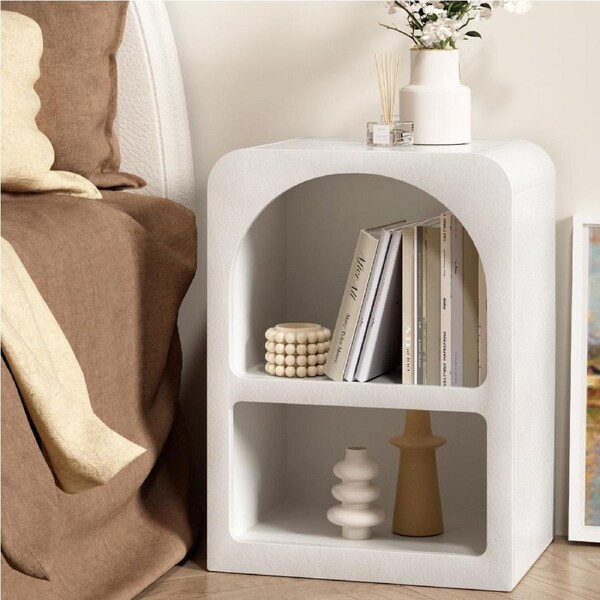 Arched Bedside Table - White, Textured Finish, Two Shelves