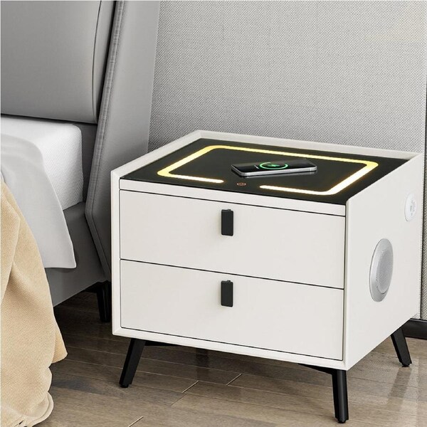 Smart Bedside Table - Wireless Charging, LED Lights, White