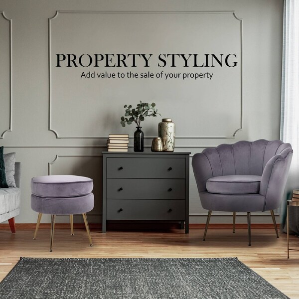 Velvet Scallop Armchair with Ottoman - Grey, Gold Legs