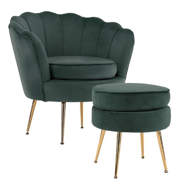 Velvet Scallop Armchair with Ottoman - Green, Gold Legs