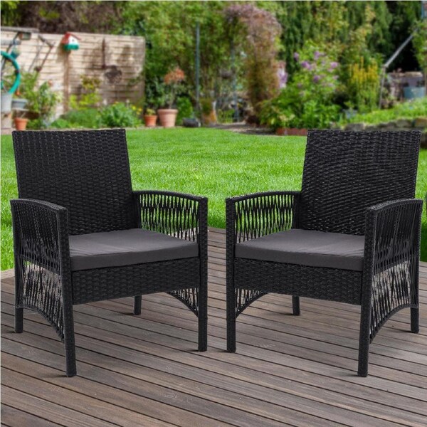 Lyra Outdoor Dining Chairs - Weather-Resistant Wicker with Grey Cushions, Set of 2