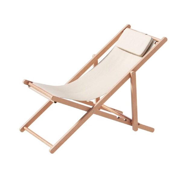 Outdoor Folding Deck Chair - Adjustable Wooden Frame, Beige Fabric