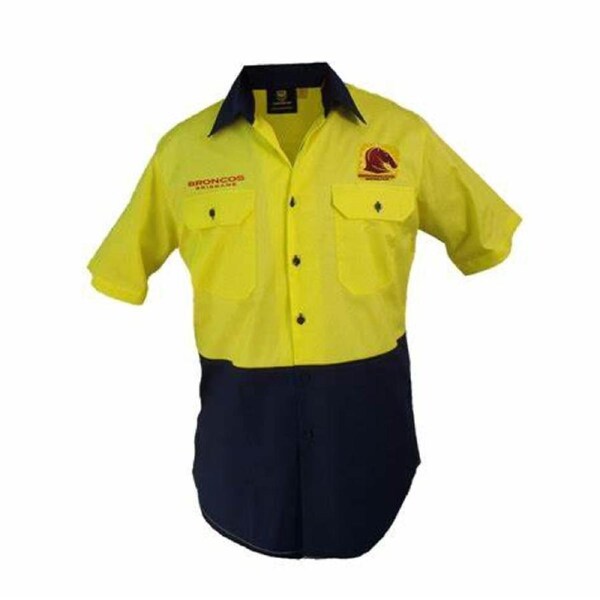 Brisbane Broncos NRL Hi Vis Button up Work Shirt Yellow - SMALL