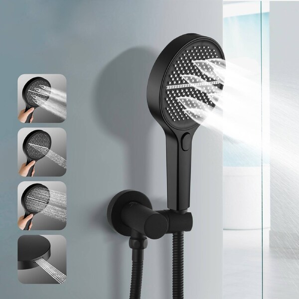 ACA Round Shower Handset Large Spray 4-Mode Hand Held Holder Water Inlet Bracket Set Black