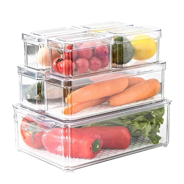 Catzon 7 Pcs Fridge Organizer Bins with Lids Stackable for Fruits Vegetable-A