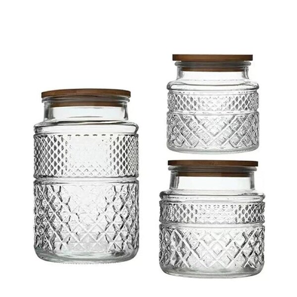 Catzon 3 Pcs Glass Storage Jars with Bamboo Lid for Cereal Coffee Tea-Round