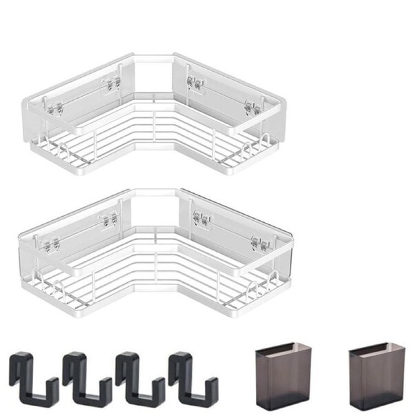 Catzon 2 Pcs Adhesive Corner Shower Caddy with Hooks for Bathroom-White-S