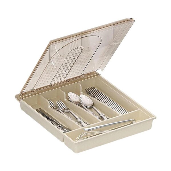 Catzon Silverware Tray with Lid 5 Compartments Knife Fork Organizer-Yellow2