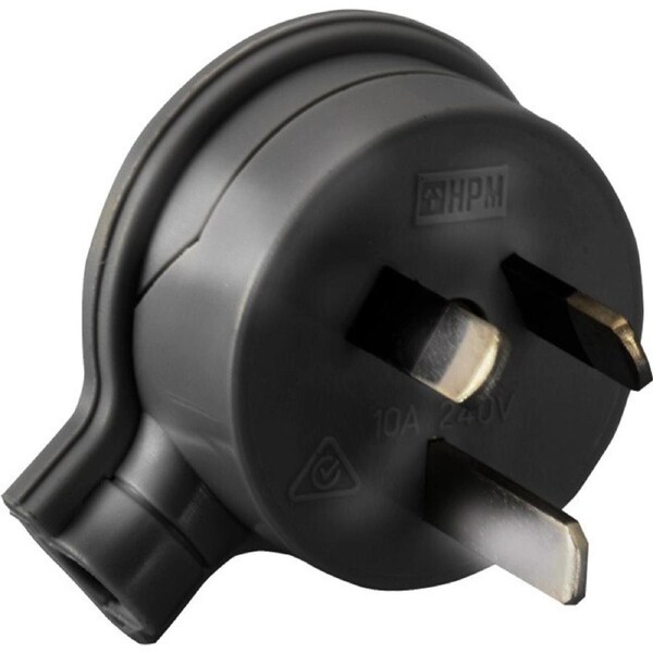 HPM 3 Pin Flat Mains Plug 10A Rated 240Volts AC Suits Round Cable Black