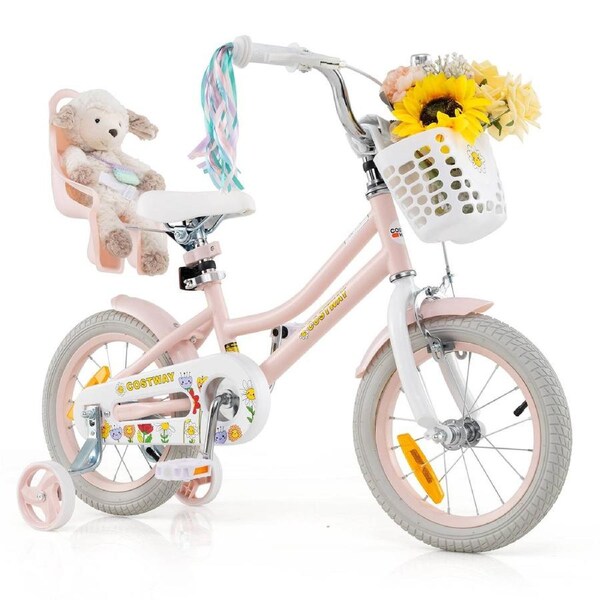 Costway 36 cm Bike Bicycle Ride-on w/Training Wheels & Doll Seat & Front Basket Girls Beginner Pink