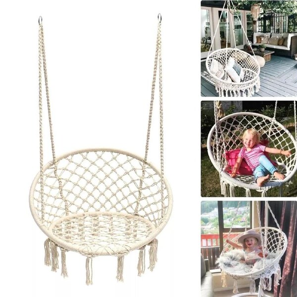 120CM Deluxe Macrame Hammock Chair Cotton Swing Seat for Indoor & Outdoor Relaxation