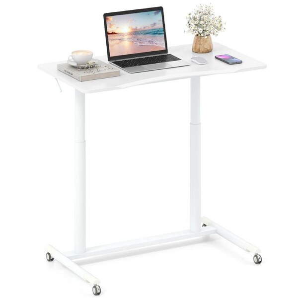 Costway Mobile Standing Desk C-Shaped Stand Desk w/Adjustable Height Computer Workstation White