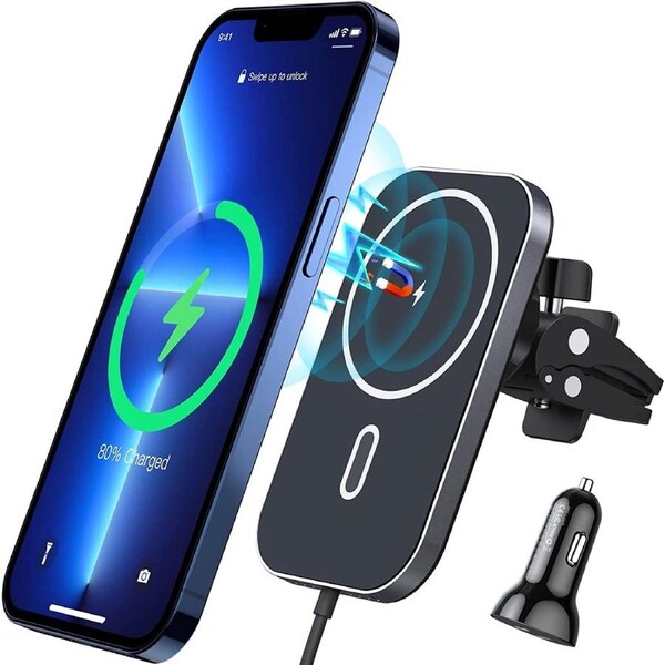 Choetech T200-F-NKP (301) MagLeap Magnetic Wireless charging Pad + Dual USB-C Car Charger Combo Pack with 1M cable Black