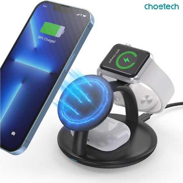 Choetech T587-F 3in1 Magnetic wireless charger station for iPhone 12/13/14 series,AirPods Pro and iwatch charger
