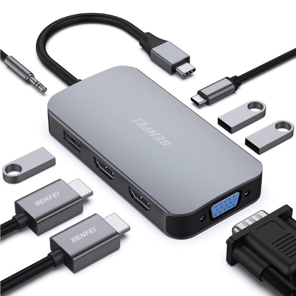 BENFEI 000335GY USB-C Hub with Triple Display, 8-in-1 Docking Station (100W PD, Dual 4K HDMI, VGA, 3x USB 3.0)