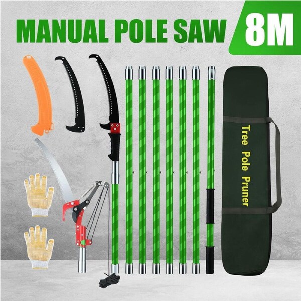 Manual Pole Saw Tree Pruner Extendable High Branch Pruning Trimming Trimmer Cutter 8 Fibreglass Rods Sharp Steel Blades Scissors Shearing Garden Tool