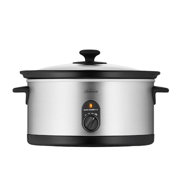 Sunbeam Slow Cooker - 5.5L Stainless Steel Stew Curry Maker - Removabe Cermic Crock Pot