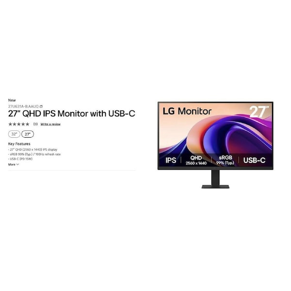 LG 27'' IPS 5ms 2K QHD 2560x1440, HDR10, USB-C (15W) AMD FreeSync HDMI/DP Tilt VESA 100 x100 mm, SRGB 99%, Office and Home Monitor 2025