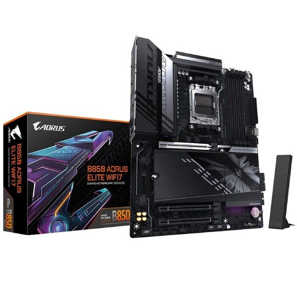 Gigabyte B850 A ELITE WF7 1.0, AMD AM5, 4 x DDR5 up to 256 GB, 1 x HDMI. 3x PCI Express x16, 3 x M.2, 4 x SATA, 9x USB 3.2