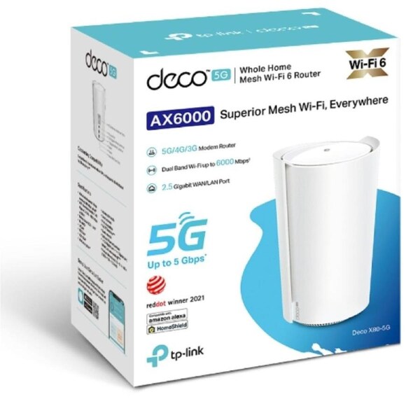 TP-Link Deco X80-5G(1-pack) 5G AX6000 Whole Home Wi-Fi 6 Gateway, 4804Mbps at 5 GHz + 1148Mbps at 2.4 GHz, 5G 5Gbps/900Mbps, 4G+ Cat20 2Gbps/200Mbps