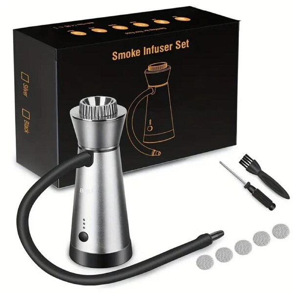 BORUiT SK301S SILVER Portable Smoke Infuser - Adjustable Battery-Powered Cold Smoker Gun for BBQ & Outdoor Cooking - Ideal for Meat, Cheese, Vegetables