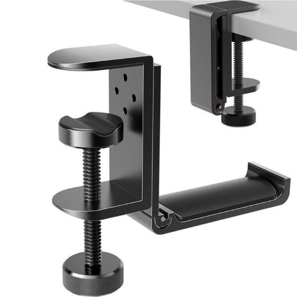Foldable Headphone Stand Hanger Holder, Space-Saving Aluminum Soundbar Stand with Universal Fit for Gaming PC Accessories, Under Desk Clamp Hook Mount, Black
