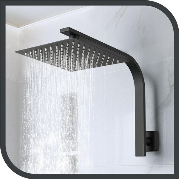 Simplus 8" Rain Shower Head Set Square Gooseneck Shower Arm Wall Mounted Matte Black