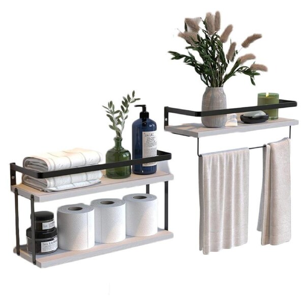 Catzon 2+1 Tier Floating Shelves with Towel Bar for Kitchen Bathroom-White