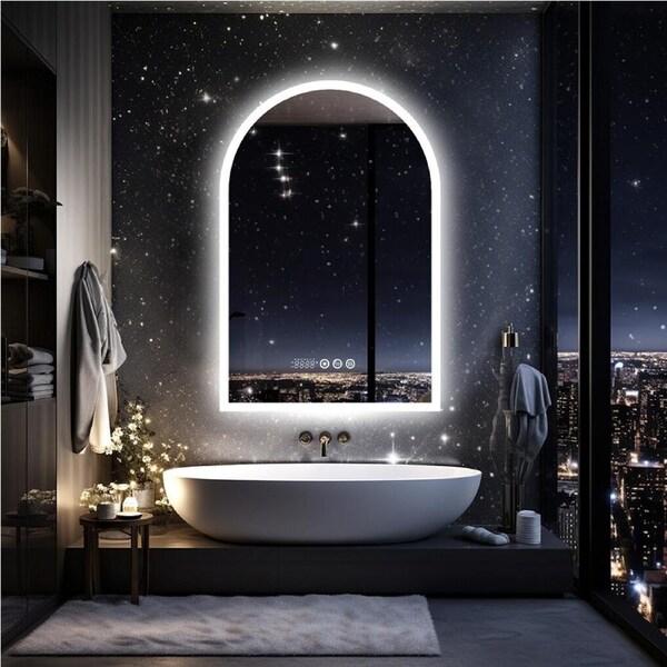 FIN Arched LED Bathroom Mirror Anti-fog Backlit Smart Mirror w Temperature Date Time
