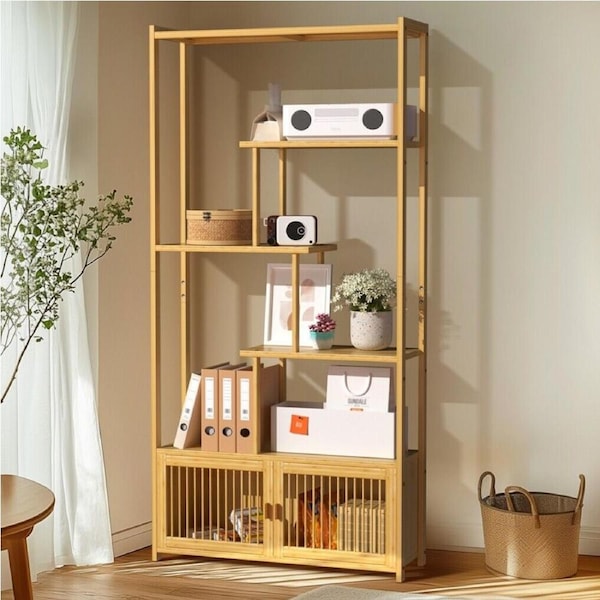 FIN Large Bamboo Open Bookcase Bookshelf Book Display Shelving Unit Organizer Home