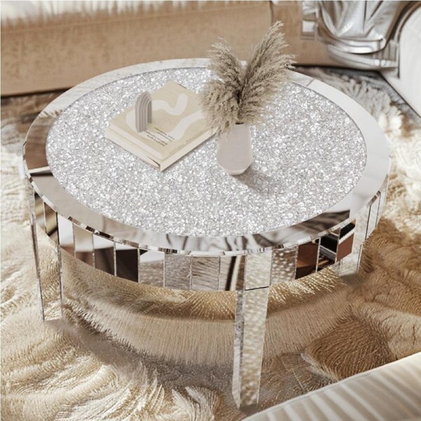 FIN 80cm Large Round Mirrored Coffee Center Table Bling Crushed Diamond Tabletop AU