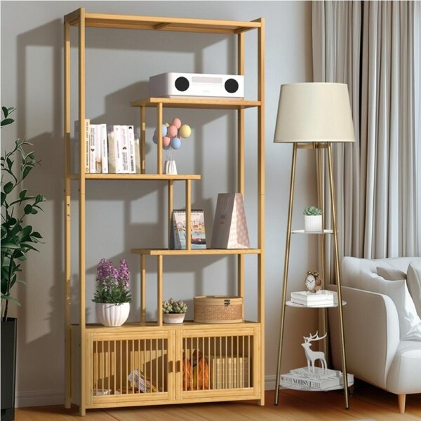 FIN XXL Tall Natural Wood Bookshelf Freestanding Storage Shelf Entryway Open Design