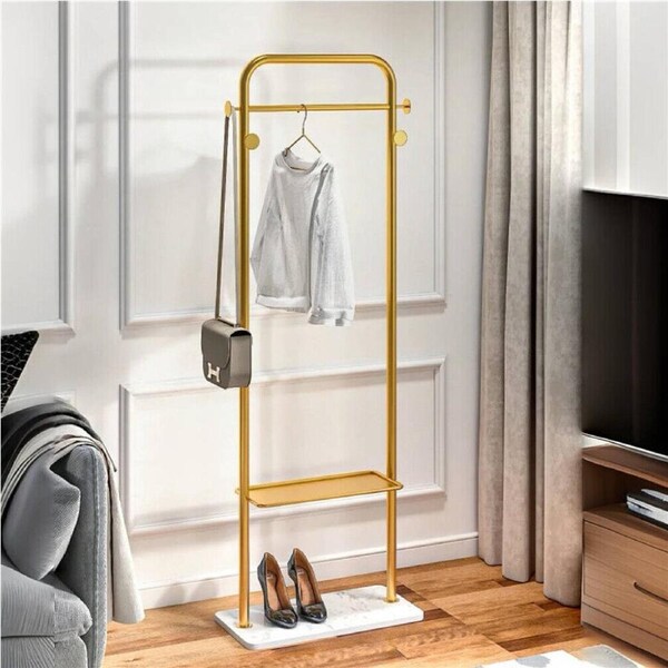 FIN Durable Metal Corner Clothes Rack Strong Stone Base Entryway Garment Stand w Rod