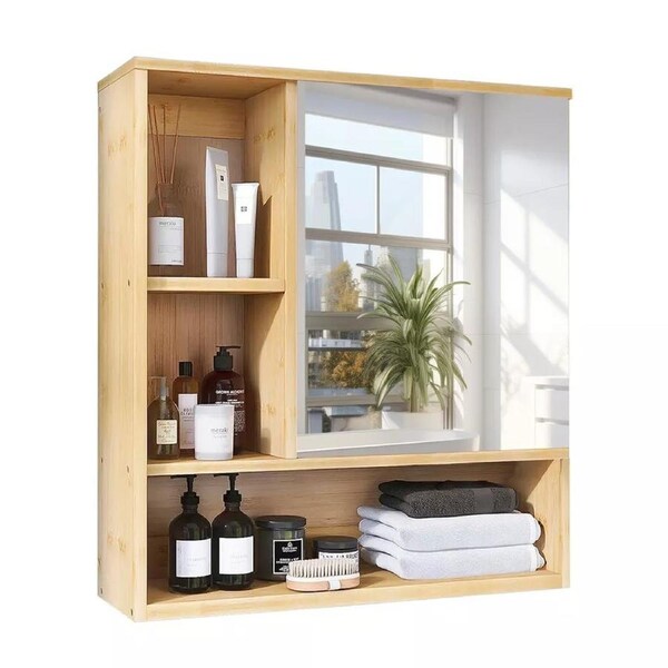 FIN Large Mirrored Bathroom Cabinet Wood Wall Medicine Cabinet Toilet Storage Unit