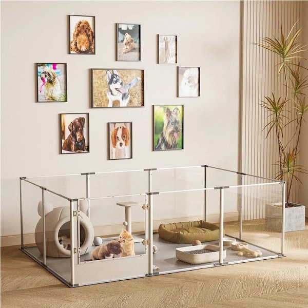 FIN 10 Panels Acrylic Dog Whelping Pen Box Indoor Pet Playpen Exercise Fence w/ Mat