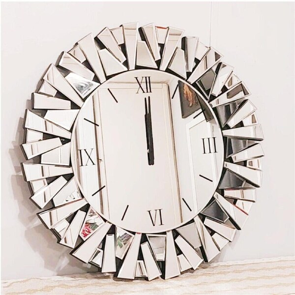 FIN Modern Beveled Glass Wall Clock Mirrored Roman Numeral Clock Kitchen Living Room