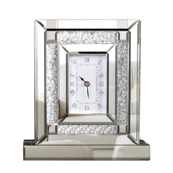 FIN Clear Mirrored Desk Clock Crushed Diamond Art Clock Silver Glass Nightstand Clock