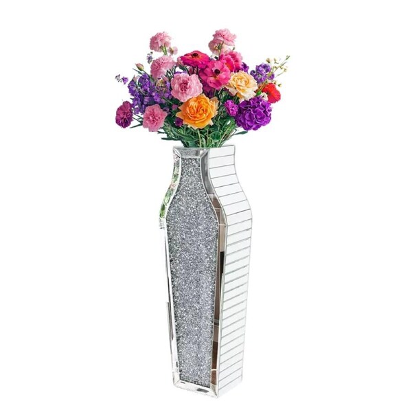 FIN Luxury Mirrored Floor Flower Vase Silver Crushed Diamond Glass Vase Living Room