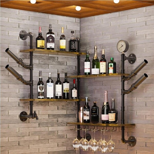 FIN Industrial Pipe Bar Wall Liquor Shelf Floating Shelves with Wine Glass Holder