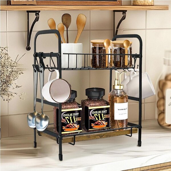 FIN Vintage Coffee Bar Station Organizer Holder Stand with 2-Tier Shelves & 12 Hooks