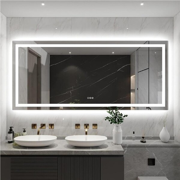 FIN Double Sink LED Bathroom Mirror Brighter & Clearer Vanity Makeup Mirror w Defogger