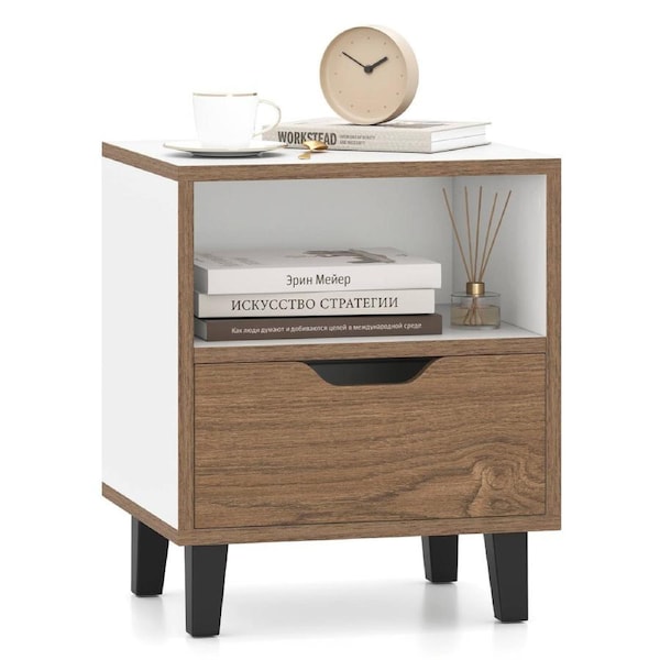 Giantex Nightstand Mid Century Modern Bedside Table w/Drawer Square End Table Natural