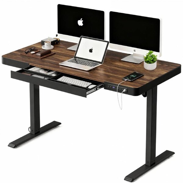ApexSpace 120CM Electric Standing Desk with Drawers & USB Ports Height Adjustable Sit Stand Desk Lifting Table with Power Outlets One-Piece Wooden Tabletop Dark Walnut